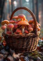 AI generated Amanita muscaria mushrooms in basket in autumn forest photo