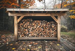 AI generated Wood shed is filled with firewood in the fall. photo