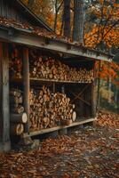 AI generated Firewood stacked in shed in the fall photo