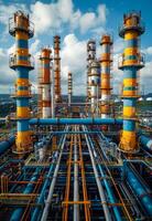 ai generado petróleo refinería fábrica en soleado día. un industrial con grande tubería y estructuras foto