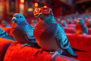 AI generated Pigeons are sitting on the red seats in the theater photo