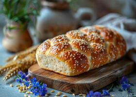 AI generated Homemade bread with cereals and sunflower seeds on wooden board photo