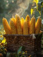 ai generado mazorcas de maíz en cesta en de madera mesa en el jardín foto
