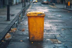 AI generated Yellow trash can is left on the street after the garbage collection photo