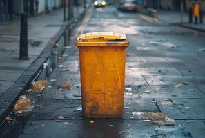 ai generado amarillo basura lata es izquierda en el calle después el basura colección foto