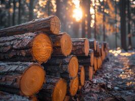 ai generado registros en el bosque. un apilar de cortar arboles en el bosque con un aplicación icono cubrir foto