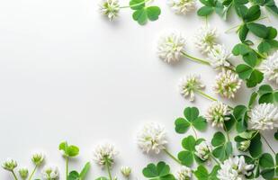 AI generated Clover flowers and green leaves on white background top view copy space photo