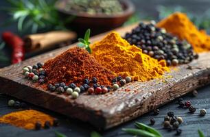 AI generated Various spices and herbs on wooden background photo