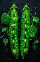 AI generated Two pods of green beans are covered in water droplets on black background. photo