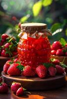 AI generated Jar of red currant jelly with fresh berries on wooden table in the garden photo