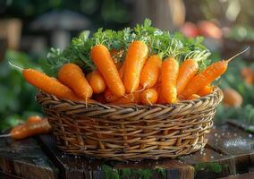 AI generated Fresh carrots in basket on wooden table photo