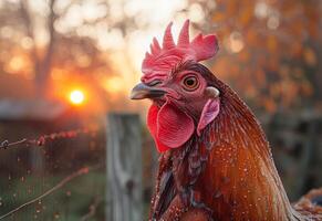 ai generado gallo en pie en cerca con el Dom creciente en el antecedentes foto