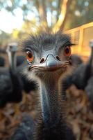 ai generado emú mira a el cámara con sus naranja ojos amplio abierto. foto
