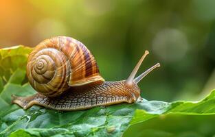 ai generado caracol gateando en el verde hoja en el jardín foto