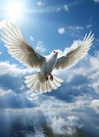 AI generated Dove in the air with wings wide open in-front of the sun photo