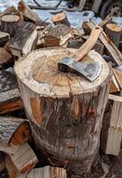 AI generated Large ax is stuck in wooden stump pile of firewood is in the background photo