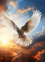 AI generated Dove in the air with wings wide open in-front of the sun photo