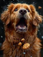 AI generated Dog is jumping to catch biscuit. A large dog catches one piece of food photo
