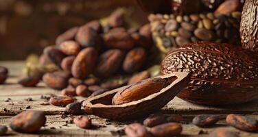 AI generated Cocoa beans and cocoa pod on wooden table photo