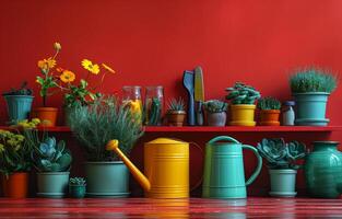 AI generated Various colorful potted plants and watering cans on shelves in front of red wall photo