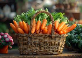 AI generated Fresh organic carrots in basket. A basket with carrots sitting on a wooden surface photo