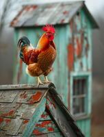 ai generado gallo canto en el techo. un imagen de un pollo en pie en parte superior de el techo de un casa foto