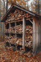 ai generado leña. un madera cobertizo es lleno con leña para el invierno foto