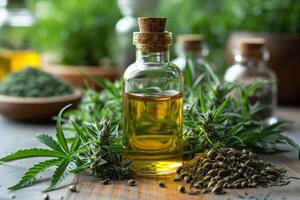 AI generated Bottle of hemp oil with cannabis leaf and seeds. Cannabis oil for anxiety from cannabis plants photo