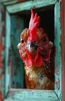 AI generated Rooster looks out of window. A chicken looks out of a door photo