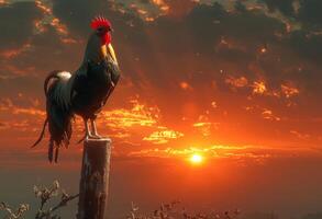 AI generated Rooster crowing on pole at sunrise photo