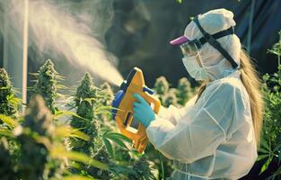 AI generated Woman in white lab coat sprays cannabis plants with blue wand. photo
