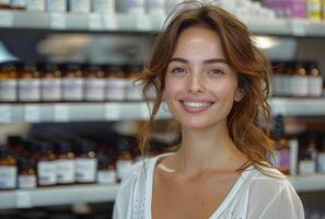 AI generated Portrait of young woman smiling in health store photo