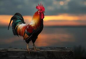 AI generated Rooster standing on wooden fence at sunset photo