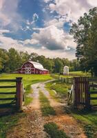 AI generated Red barn and white horse trailer on farm with dirt road and wooden fence in the foreground and trees in the background photo