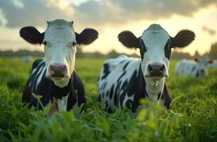 AI generated Cows grazing in field. A two black and white cows on a green grassy field photo