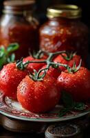 ai generado Tomates y frascos de tomate salsa en de madera mesa foto