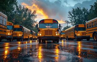 ai generado colegio autobuses estacionado en lote a puesta de sol foto
