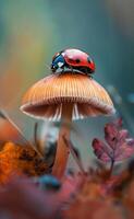 AI generated Ladybug on mushroom in the forest photo