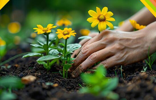 ai generado jardinero plantando amarillo flores en el jardín cerca arriba foto