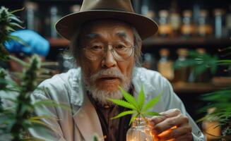 AI generated Senior scientist holding cannabis oil and hemp plant in the lab photo