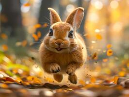 ai generado linda Conejo corriendo en el bosque. contento Pascua de Resurrección concepto foto