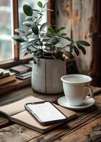 AI generated Cup of coffee smartphone and notebook on wooden table photo