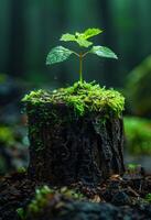 AI generated Tree grows on stump in the forest. A tree stump with a green sprout growing from it photo