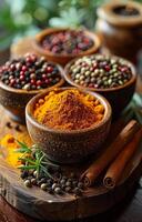 AI generated Bowls of spices on wooden table. A group of spices and herbs on a wooden surface photo