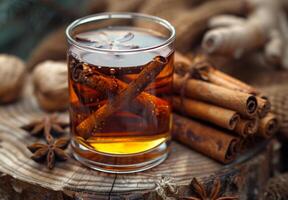 ai generado vaso de whisky con canela palos y anís estrellas en de madera mesa foto