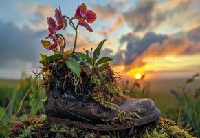 AI generated Shoe is used as planter for orchids photo