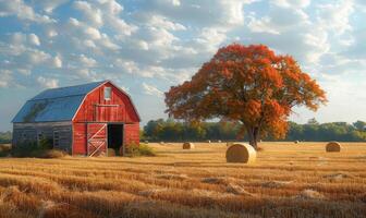 AI generated Red barn and hay bales in field. A barn in wheat with hay bales photo