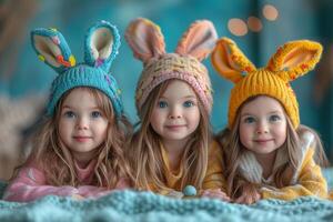 AI generated Three cute little sisters in knitted hats with ears hares lie on blue blanket photo