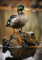 AI generated Duck is standing on rock in pond photo