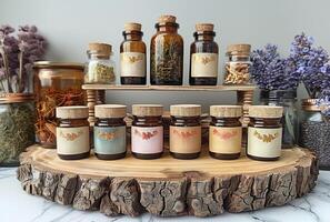 AI generated Herbal medicine tinctures and essential oils in glass bottles on wooden background photo